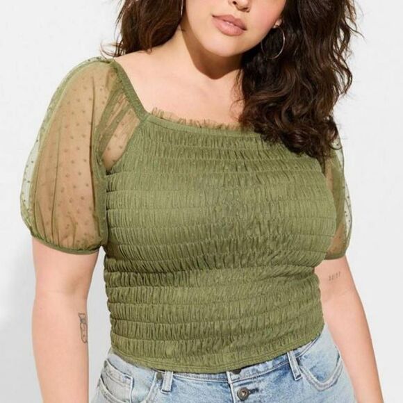 Torrid Women's Plus Size Dot Mesh Square Neck Smocked Crop Top - Picture 1 of 5